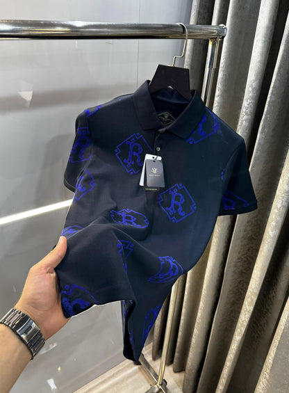 RARE RABBIT PREMIUM NAVY VELVET PRINTED POLO RR